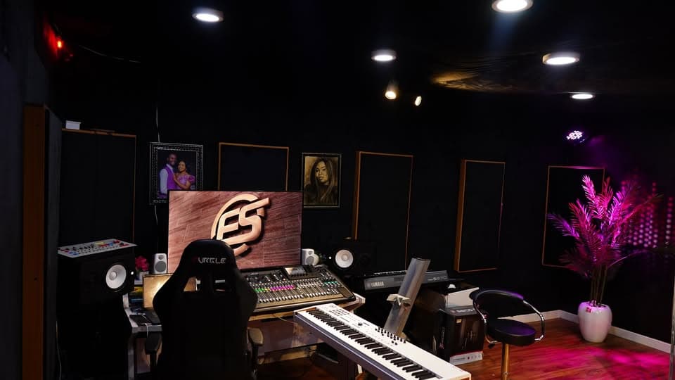 Control Room A — wide angle showing the FS wall, console, weighted keys and live corner